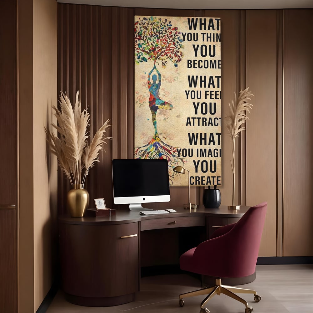 Tablou canvas cu tablou canvas motivational cu silueta si copac, fara rama, pe sasiu de lemn, pe perete intr-un birou